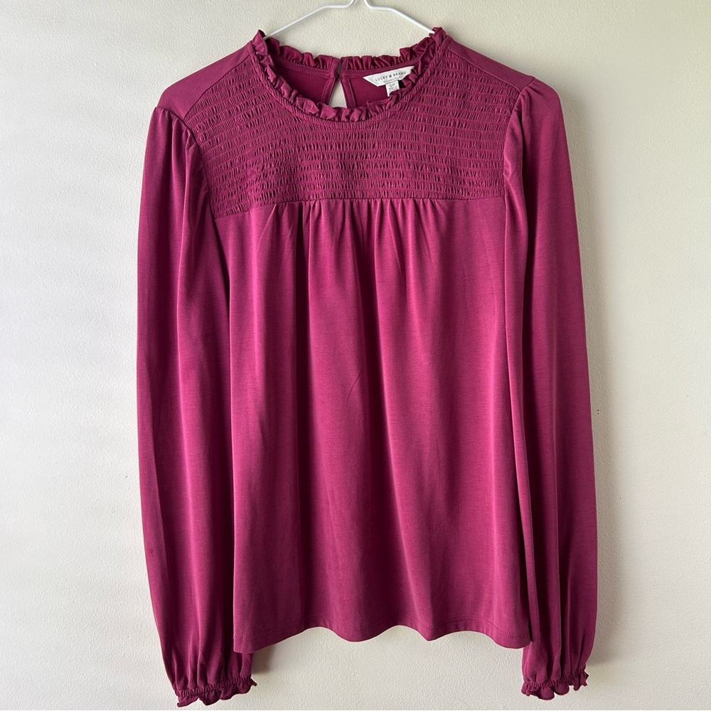 5 FOR $25 | Lucky Brand Ruffle Smocked Long Sleeve Blouse Top Magenta Purple S